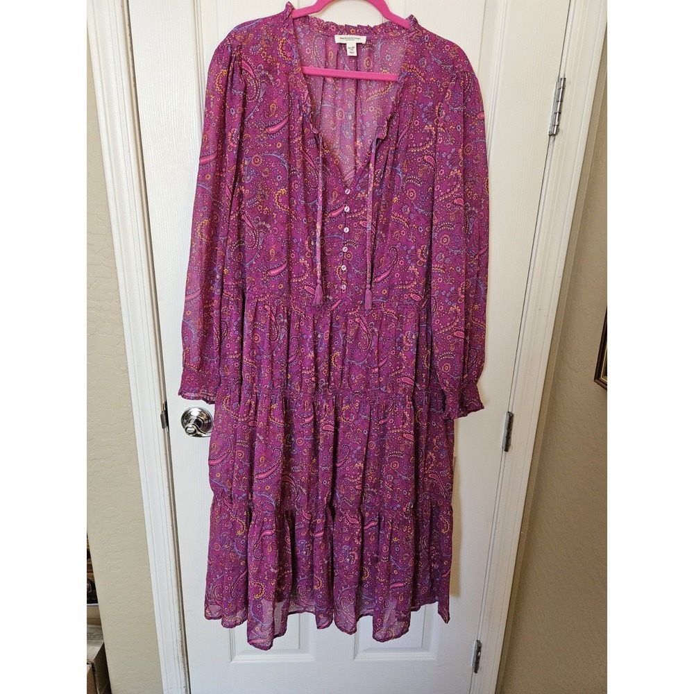 NWT BeachLunchLounge Boho Button Down V-Neck LS Smocked Tiered/Cuffs Lined XXL